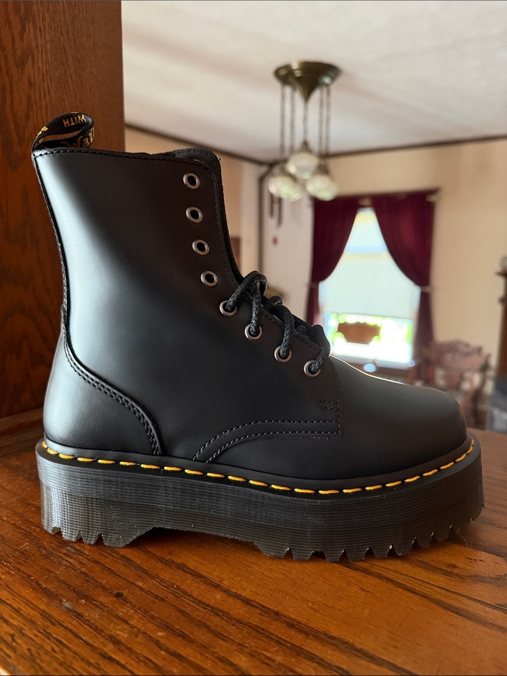 Dr. Martens Jadon Black Lace-Up Platform Boot with Yellow Welt Stitching